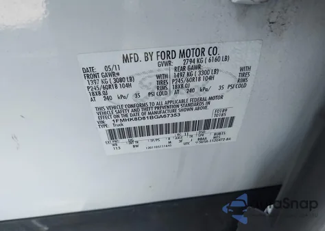 2011 Ford Explorer Xlt из США, поврежденный, VIN 1FMHK8D81BGA67353